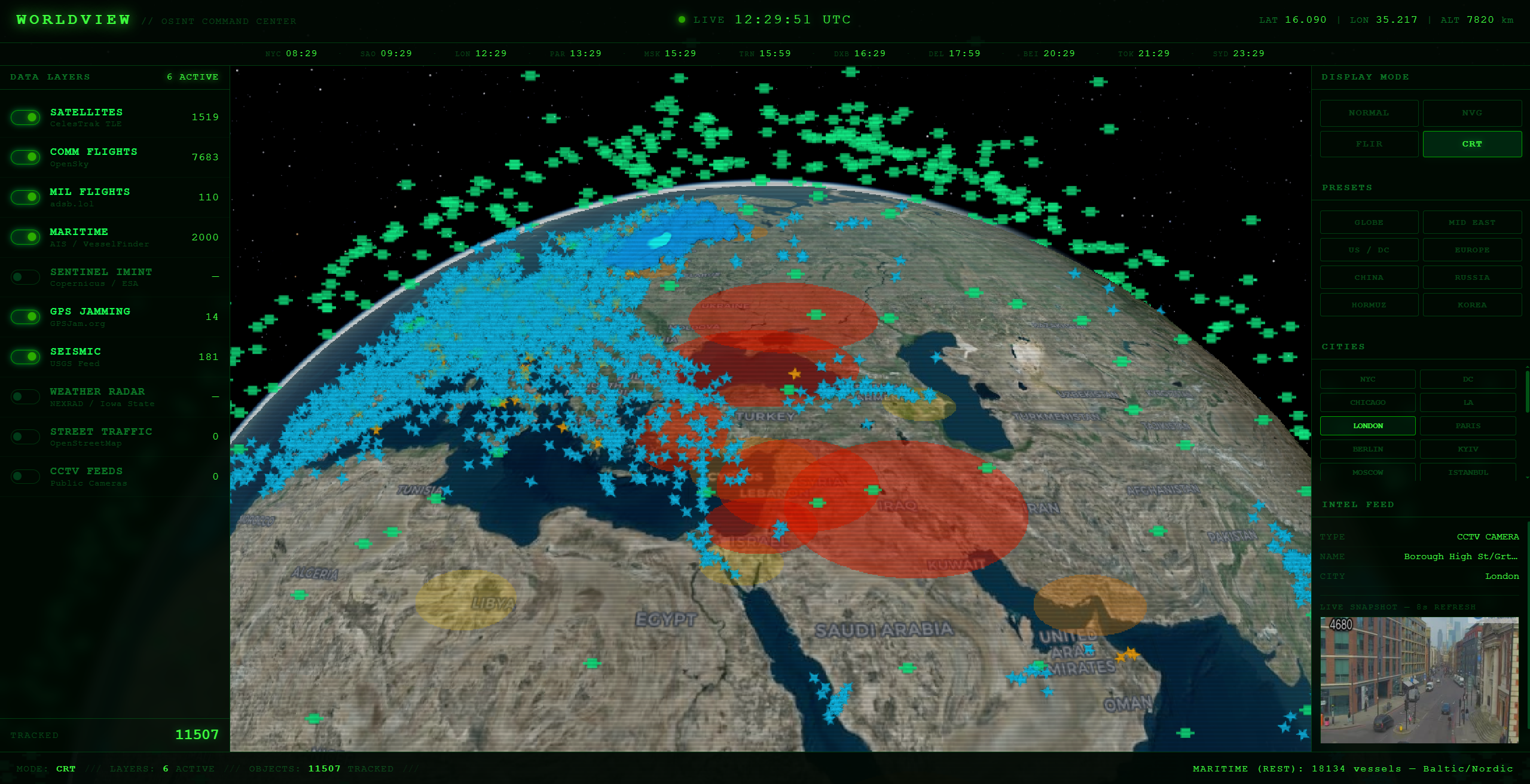 GPS jamming heatmap — Middle East and Eastern Europe lit up in red