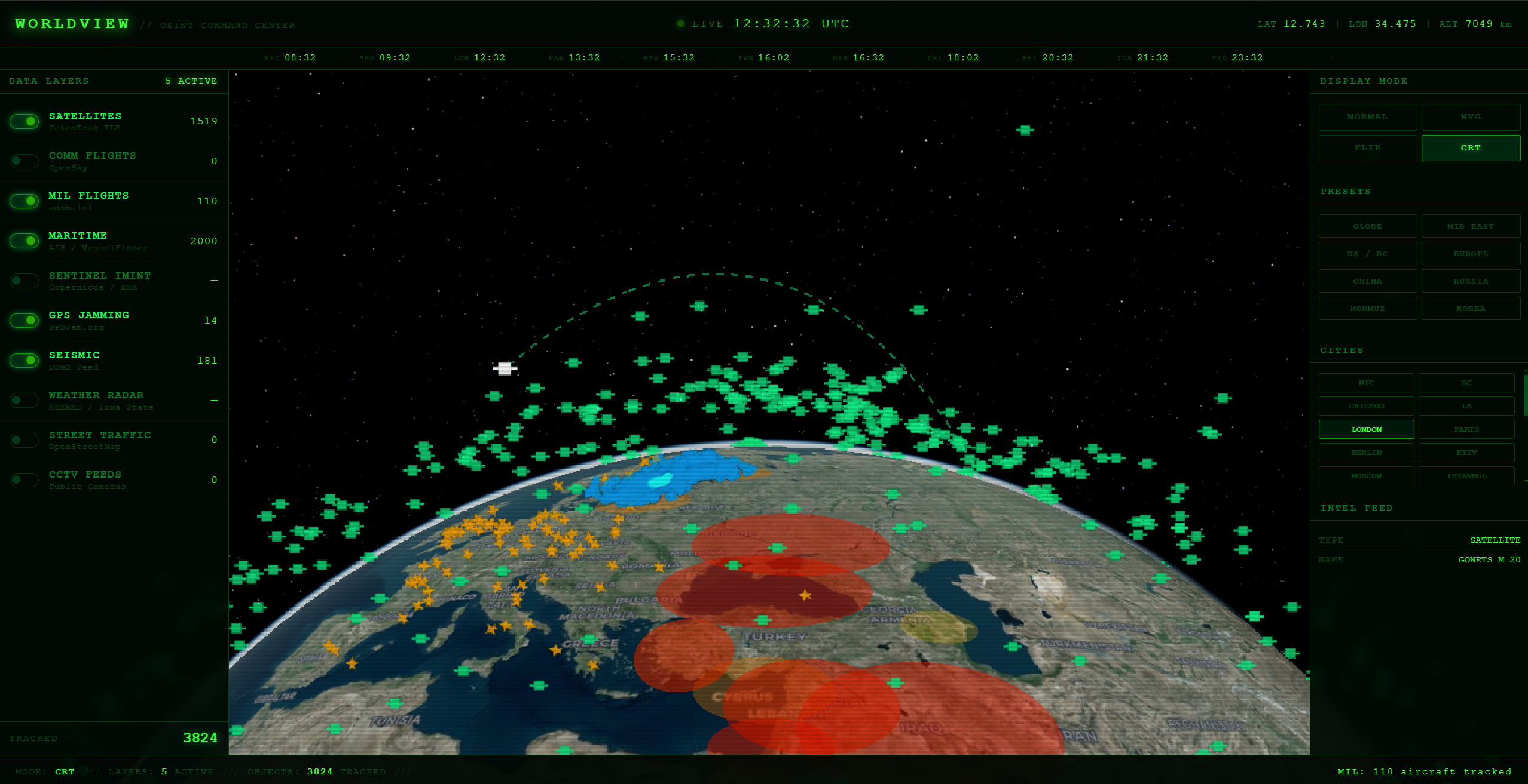 Camera locked on a satellite, orbital arc visible above the globe