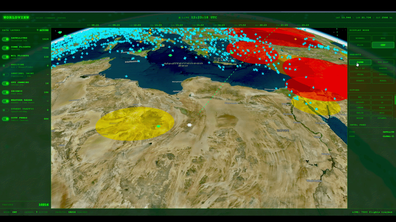 WorldView — all data layers active on a 3D globe